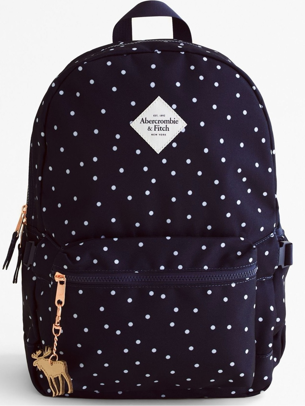 Abercrombie & Fitch Navy Blue Polka Dot Classic Backpack w/Goldtone Moose Charm